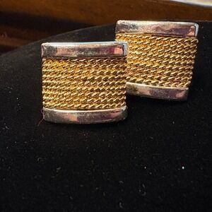 Vintage Two Tone Gold Mesh Silver Border Clip On Screw Back Earrings Mens Womens